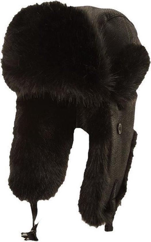 Russische oorflappen muts zwart PU leder en nepbont voor volwassenen - Mutsen met flappen - Winterkleding accessoires 58 cm
