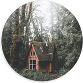 Dibond Wandcirkel - Houten Huisje in het Bos - 60x60cm Foto op Aluminium Wandcirkel (met ophangsysteem)