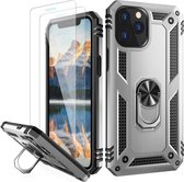 BixB iPhone 12 Pro Max Hoesje ring houder armor Hard backcover Zilver + 2 Stuks screenprotector