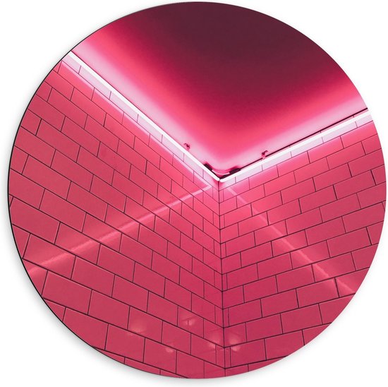 Dibond Wandcirkel - Roze Ledlamp boven Muur - 60x60cm Foto op Aluminium Wandcirkel (met ophangsysteem)