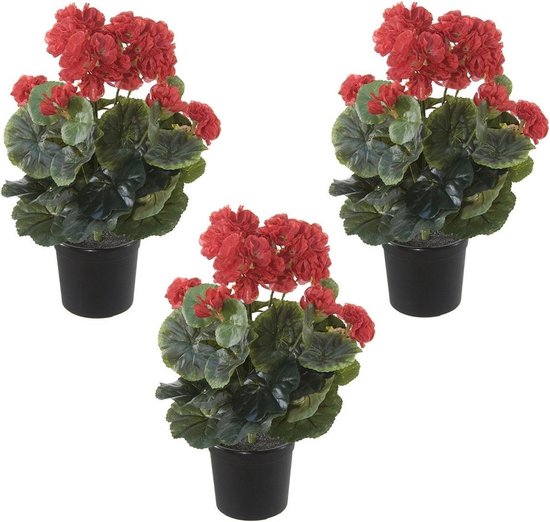 Set de 3x pièces de plantes artificielles de géranium rouge en pot  plastique noir 35... | bol.com
