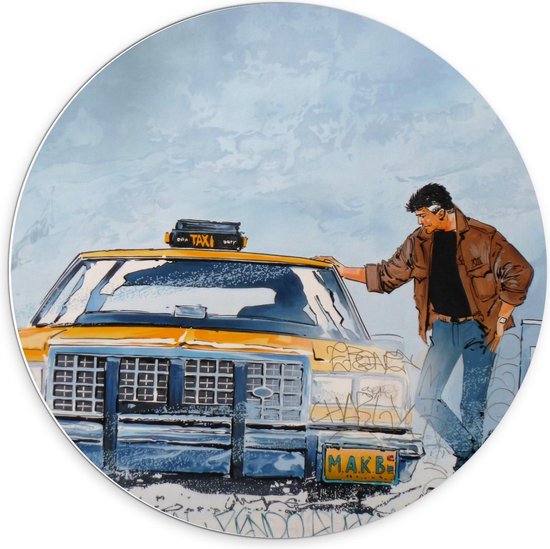Forex Wandcirkel - Getekende Man bij een Gele Taxi - Foto op Wandcirkel (met ophangsysteem)