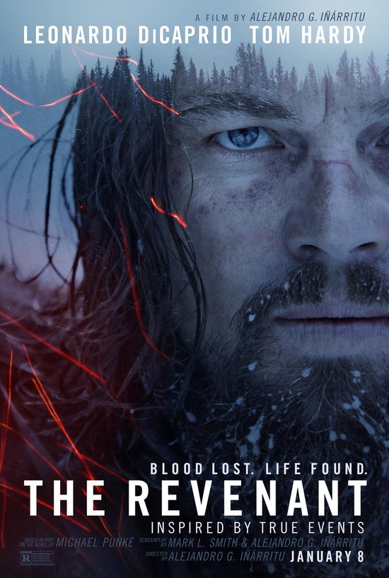 Poster voor The Revenant met Leonardo DiCaprio's gezicht, bebloed en besneeuwd, met rode gloeiende lijnen en een bos op de achtergrond.