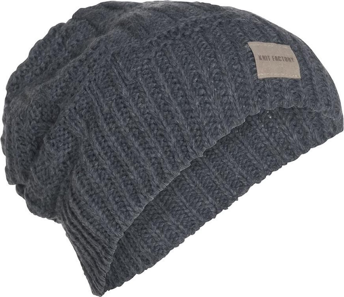 Knit Factory Bobby Gebreide Muts Heren & Dames - Sloppy Beanie hat - Antraciet - Warme donkergrijze Wintermuts - Unisex - One Size