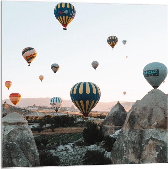 Acrylglas - Meerde Luchtballonnen in de Lucht - 100x100cm Foto op Acrylglas (Met Ophangsysteem)