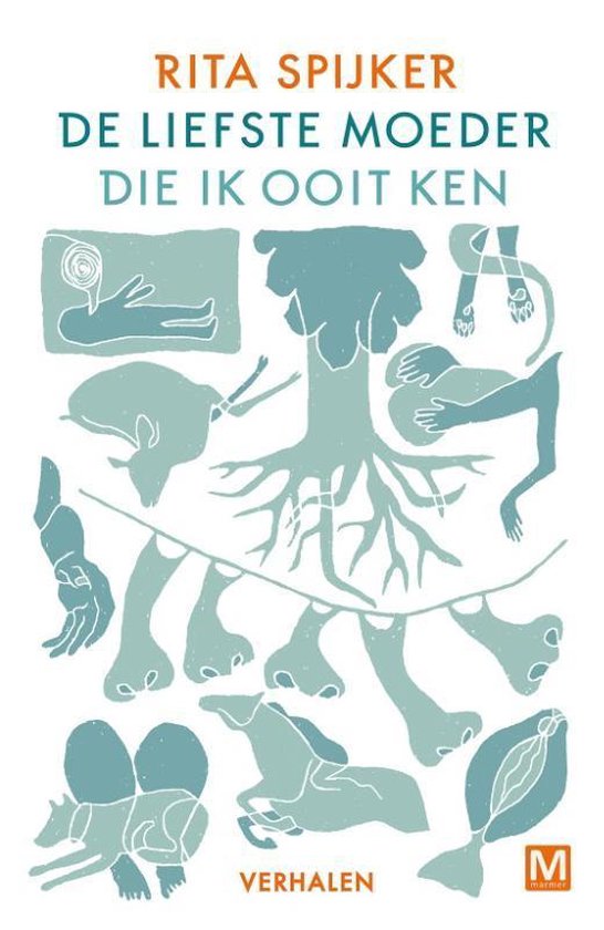 Boekcover "De liefste moeder die ik ooit ken" met tekst en abstracte, groene illustraties van figuren en een boom.
