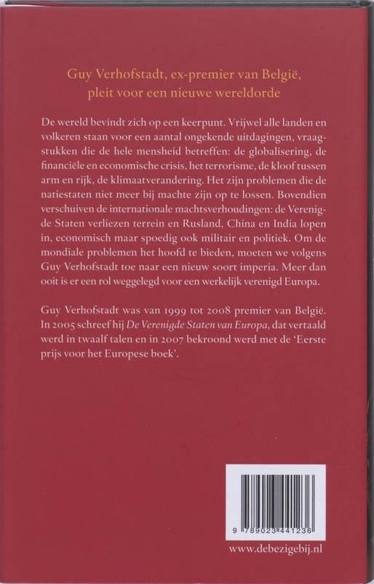 Achterkant van het boek 'Een New Age of Empires' door Guy Verhofstadt, met een samenvatting en een bijenlogo.