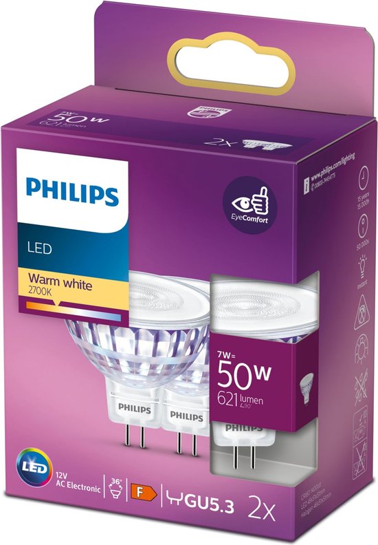 Philips energiezuinige LED Spot - 50 W - GU5.3 - warmwit licht - 2 stuks - Bespaar op energiekosten