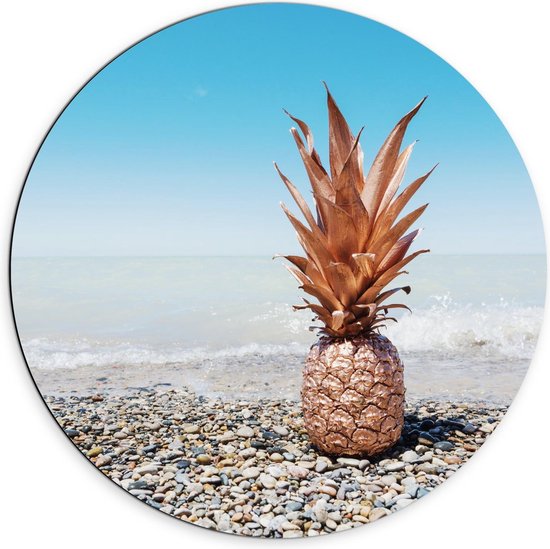 Dibond Wandcirkel - Gouden Ananas bij Zee - 70x70cm Foto op Aluminium Wandcirkel (met ophangsysteem)