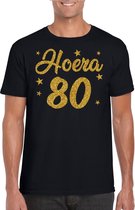 Hoera 80 jaar verjaardag cadeau t-shirt - goud glitter op zwart - heren - cadeau shirt M