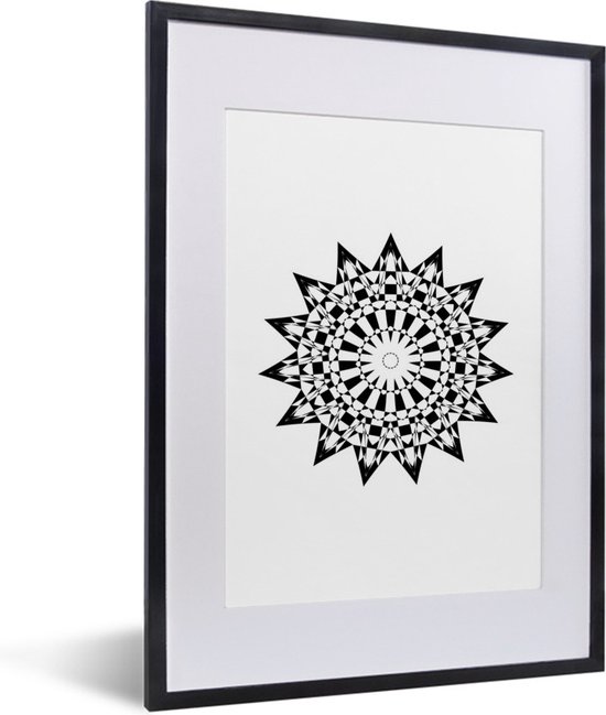 Fotolijst incl. Poster - Illustratie van een zwart-witte mandala in de vorm van een ster - 30x40 cm - Posterlijst