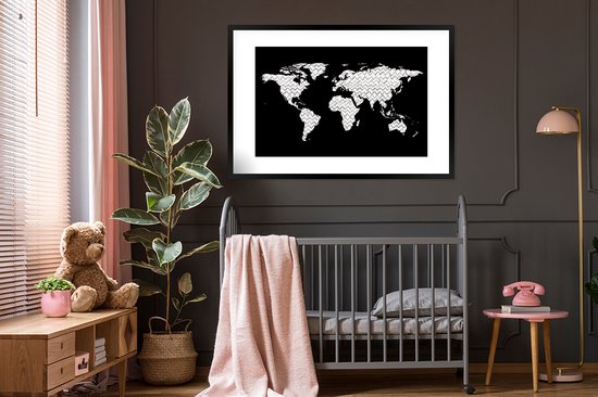 Wereldkaart en noir et blanc avec motif zigzag 120x80 cm