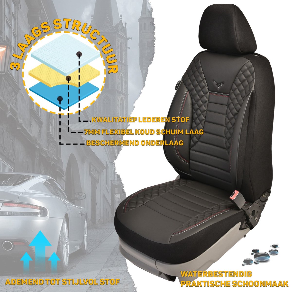 Lederen Autostoelhoezen Volledige Set voor Audi A3 8L 3-Door 1996-2006, Autostoelbeschermer Waterdicht Kussen, Aangepast Voor Achter Stoelhoezensets,A Black
