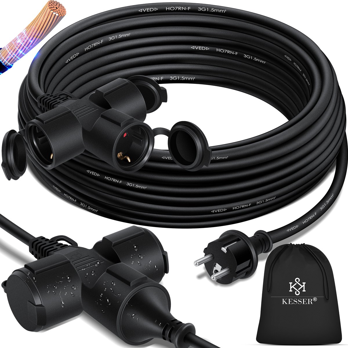 KESSER® Verlengkabel 15 meter met 3x stekkerdoos voor binnen en buiten IP44 - Verlengsnoer met Stekker