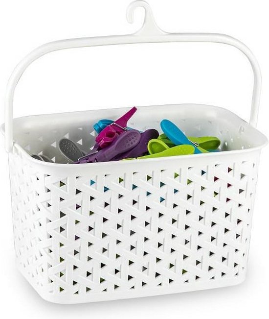 Panier à pinces à linge avec crochet de suspension - blanc - et 48x pinces à linge en bois 7 cm - linge suspendu