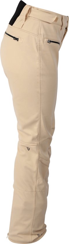 Zijzicht van een beige skibroek met zwarte accenten, logo en geribbelde taille.