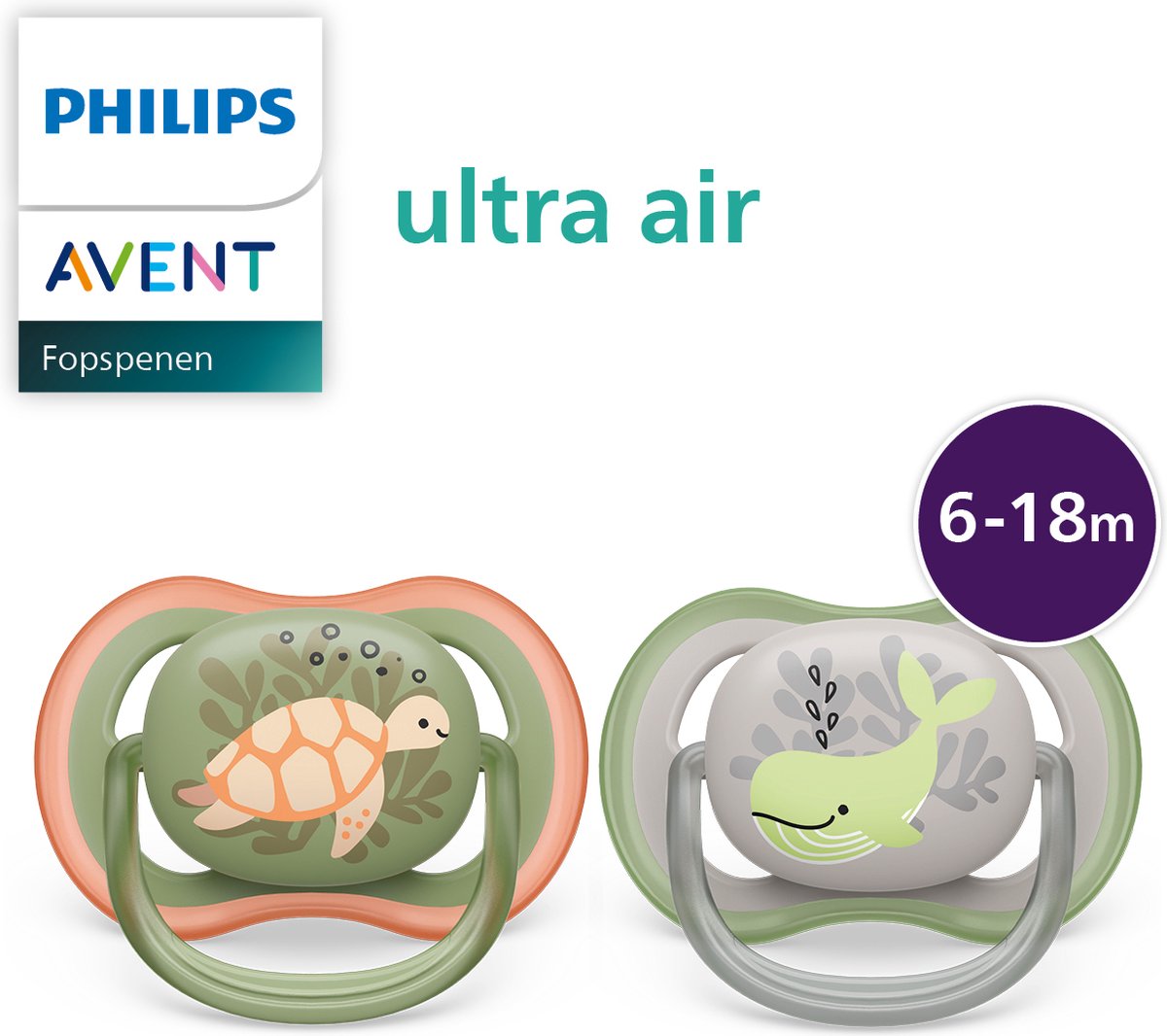 Philips Avent Sucette Ultra Air SCF085/60 - 6 à 18 mois - Tortue / Baleine  - 2 Pièces