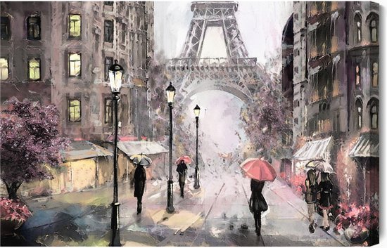 Schilderijkoning - Canvas Schilderij Een Parijse Straat In Pastelkleuren - 100 x 70 cm