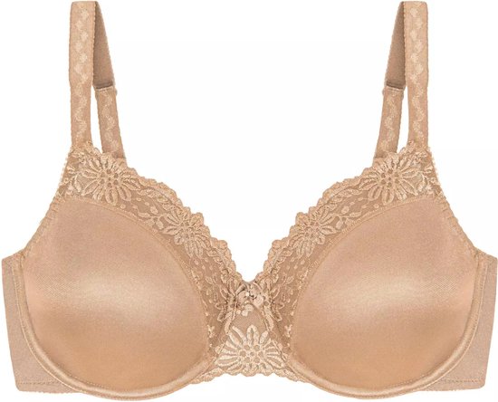 Nude beha met kanten randen op de cups en bij de bandjes, met een strikje in het midden.