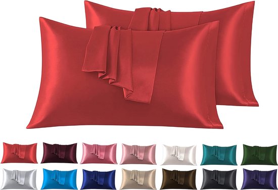 Set van 2 kussenslopen van satijn, 45 x 70 cm, rood, voor bed, zacht bij aanraking, met zaksluiting, antimijt en hypoallergeen, bescherming voor haar, huid en antirimpels