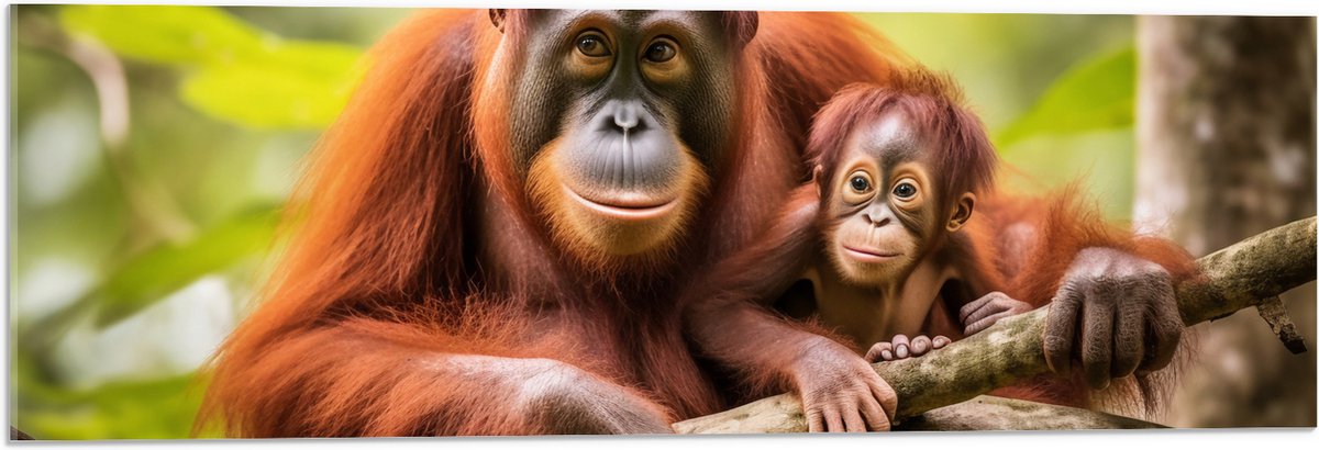 Acrylglas - Orang Oetan Aap met Baby zittend bij Takken - 90x30 cm Foto op Acrylglas (Wanddecoratie op Acrylaat)