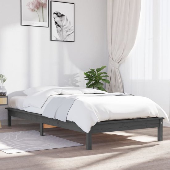 The Living Store Houten Bed - Massief Grenenhout - Grijs - 212 x 111.5 x 26 cm - Geschikt voor 100 x 200 cm matras - Inclusief montagehandleiding