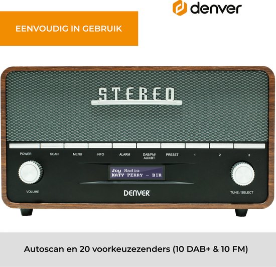 Denver retro DAB+/FM radio met houten frame en zwart front. "Autoscan en 20 voorkeuzezenders (10 DAB+ & 10 FM)".