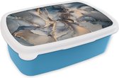 Broodtrommel Blauw - Lunchbox - Brooddoos - Marmer - Grijs - Blauw - Luxe - Goud - 18x12x6 cm - Kinderen - Jongen