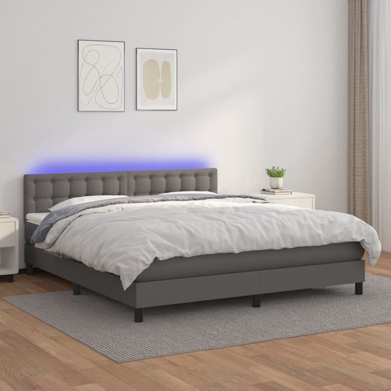 The Living Store Boxspring Bed - Kunstleer - LED - Pocketvering - Topmatras - Grijs - 160 x 200 cm