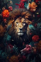 Leeuw tussen bloemen #10 - plexiglas schilderij - 50 x 70 cm