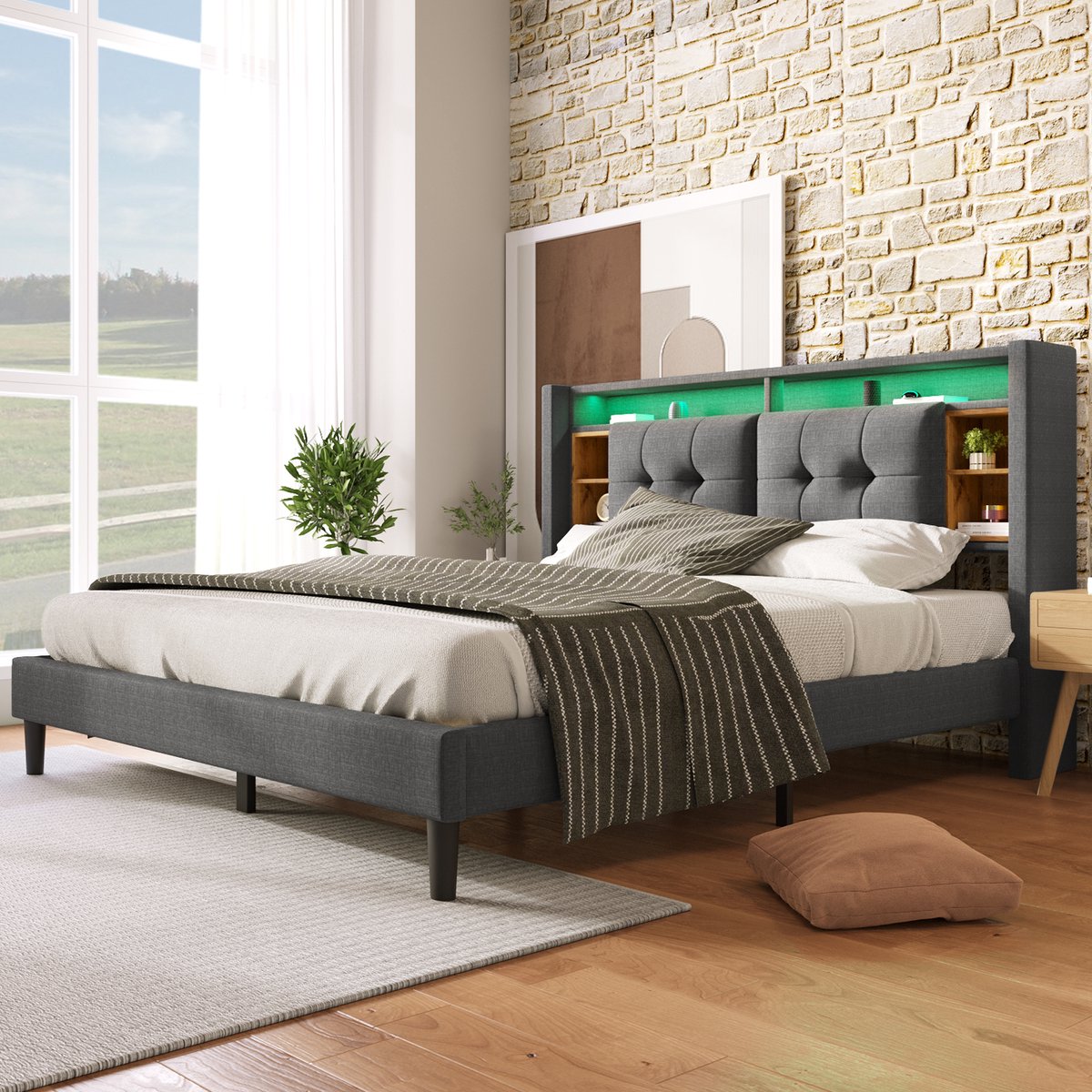 Gestoffeerd tweepersoonsbed met opbergruimte - hoofdeinde bed met oplaad USB en LED verlichting - houten bed lattenbodem - 140x200CM grijs (zonder matras)