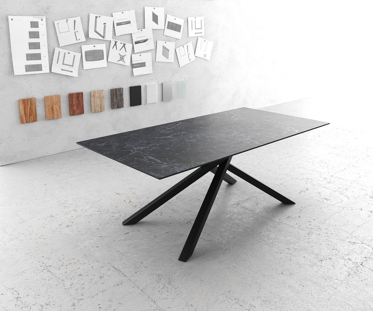 Eettafel Edge Laminam® keramiek grijs 200x100cm middenvoet kruis zwart