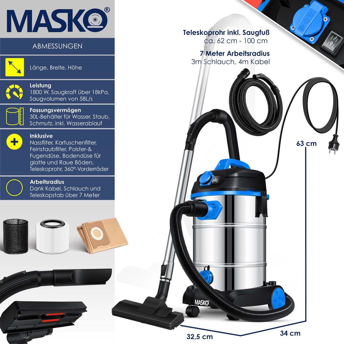 MASKO® Alleszuiger Nat- en Droogzuiger 1800W + stopcontact, Blaasfunctie, Droog- & natzuigen | Industriële stofzuiger vuilreservoir 30L Bouwstofzuiger - Blauw – foto 3