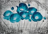 Fotobehang - Vlies Behang - Blauwe Klaprozen op Betonnen Muur - 254 x 184 cm
