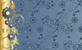 Fotobehang - Vlies Behang - Luxe Goud en Blauw Patroon van Bloemen - 254 x 184 cm