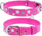 WAUDOG Glamour Star Halsband / Hondenhalsband - Echt Leder - Roze - Reflecterende sterren - M - Breedte: 25 mm - Nekomtrek: 38 - 49 cm (GELIEVE ALVORENS BESTELLEN OPMETEN)