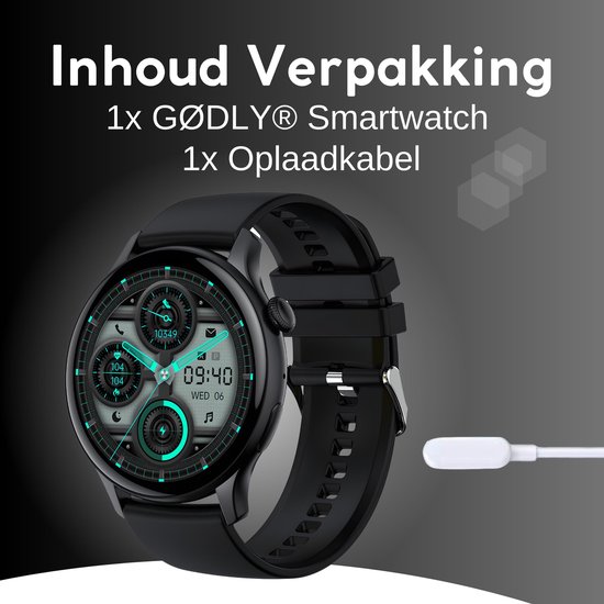 GØDLY® Amoled Smartwatch 46mm - voor Heren & Dames - Stappenteller - Kcal Teller - Slaapmeter & Hartslagmeter - Geschikt voor iOS & Android - Zwart