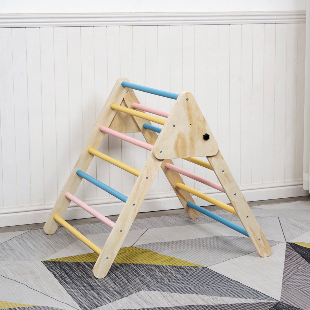 Buxibo XXL Klimrek - Opvouwbare Driehoek + Klimboog + Helling met Glijbaan - Montessori Meubels Houten Speelgym - Pastel - 210x83x81cm — afbeelding 14