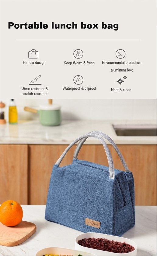 Blauwe lunchtas met touwen handvatten, naast lunchboxen met eten en een sinaasappel. Iconen van draagtas, thermometer en aluminium doos.
