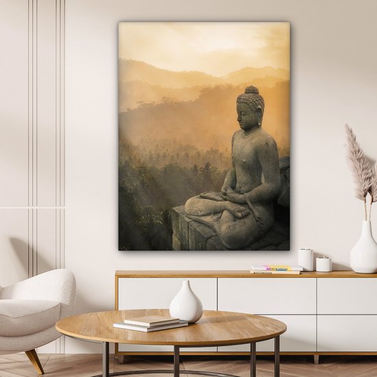 Statue de Bouddha au coucher du soleil 90x120 cm - Tirage photo sur toile (Décoration murale salon / chambre)