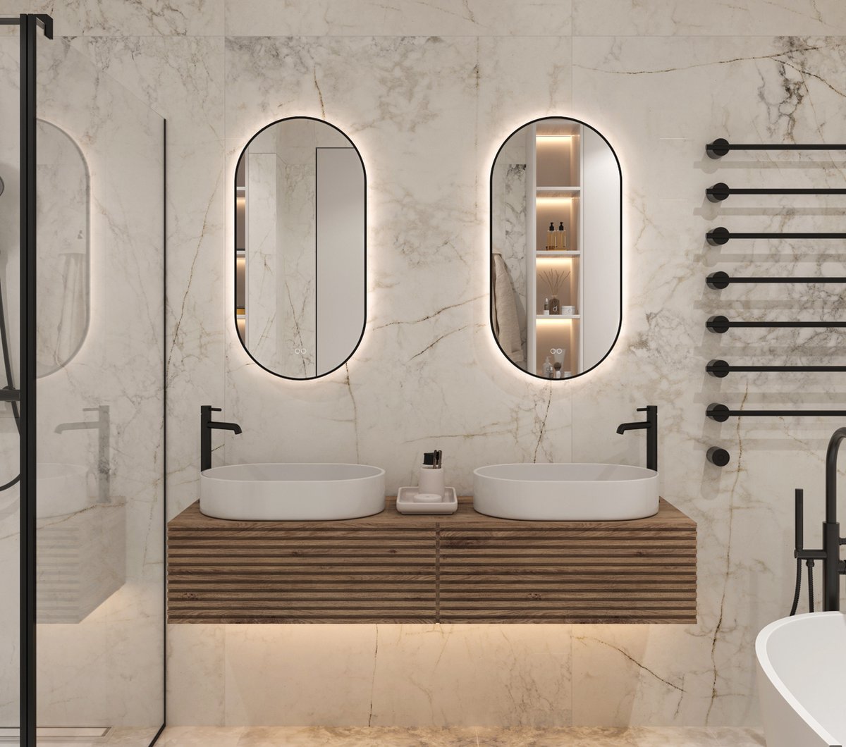 Ovale badkamerspiegel met indirecte verlichting, verwarming, touch sensor, kleurenwissel en mat zwart frame 45×90 cm