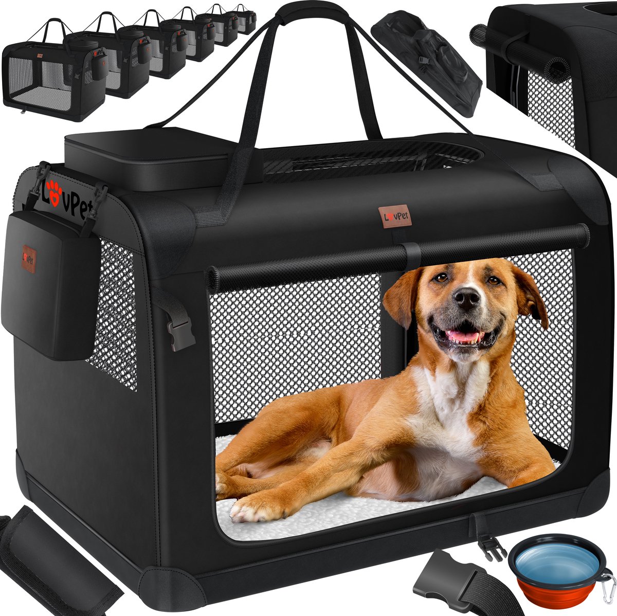 Lovpet Dog Box, Including Dog Bowl, Foldable, XL 81.3 x 58.5 x 58.5 cm, Dog Transport Box, Transport Bag, Dog Bag, Transport Box for Pets, Dogs and