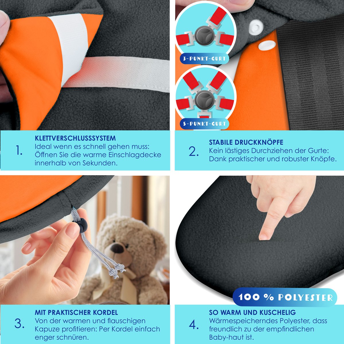KIDIZ® Baby Slaapzak voor Buggy Voetenzak voor Autostoeltje & Wandelwagen Babyschaal, voor Winter met Kap + Babyslaapzak Deken voor Maxi-Cosi & Kinderwagen alle Gordelsystemen 3 & 5-Puntsgordel - Antraciet / Oranje – foto 4