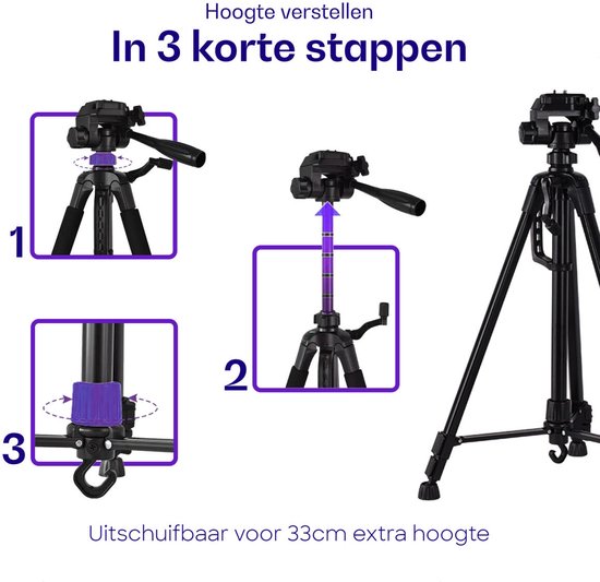 Zwart statief in 3 stappen verstelbaar voor 33cm extra hoogte.