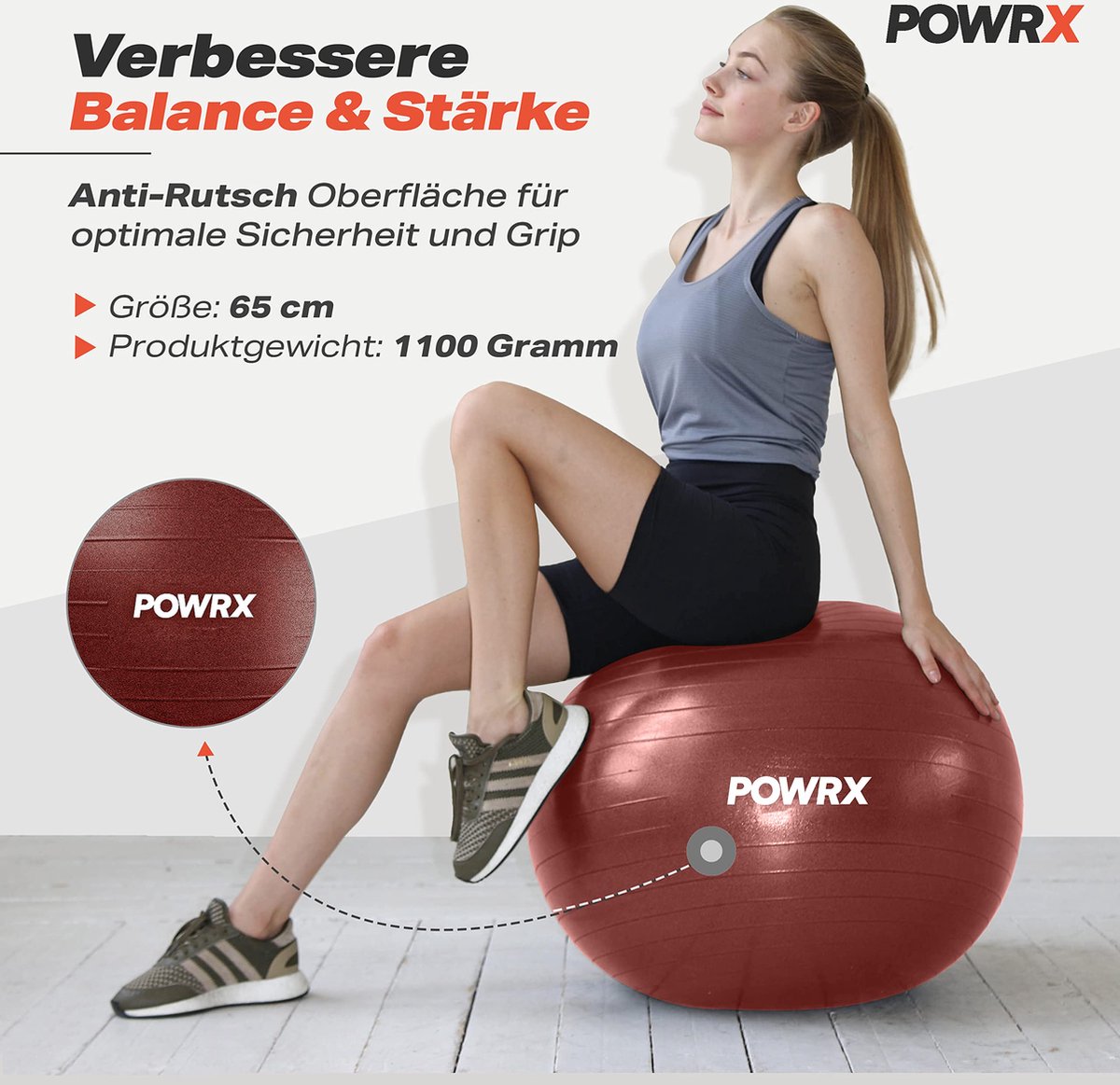 Ballon De Gymnastique POWRX Anti-Éclatement – Avec Pompe, 55 à 95 Cm, Charge Max 800 Kg, Pilates Yoga Assise