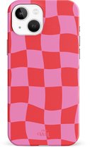 xoxo Wildhearts Drunk In Love - Double Layer - Hoesje geschikt voor iPhone 14 Plus hoesje - Blokjes print roze - Shockproof case - Beschermhoesje geschikt voor iPhone 14 Plus case - Roze