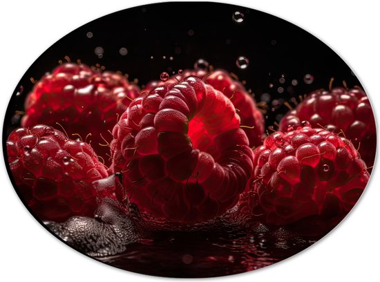 Dibond Ovaal - Frambozen - Fruit - Rood - Water - Druppels - 28x21 cm Foto op Ovaal (Met Ophangsysteem)