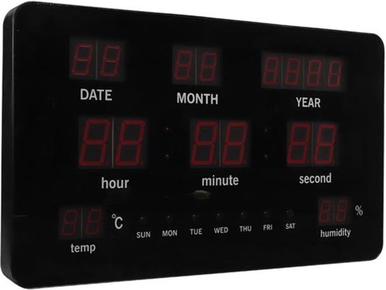 Perel Wandklok, met led-display, digitaal, thermometer, hygrometer, zwart,  rood | bol