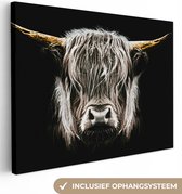 Canvas Schilderij Schotse hooglander - Goud - Hoorns - Zwart wit - Koe - Dieren - 40x30 cm - Wanddecoratie