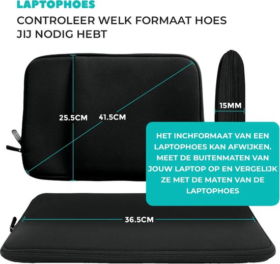 Zwarte laptophoes met afmetingen 41.5x25.5x15cm en 36.5cm.
